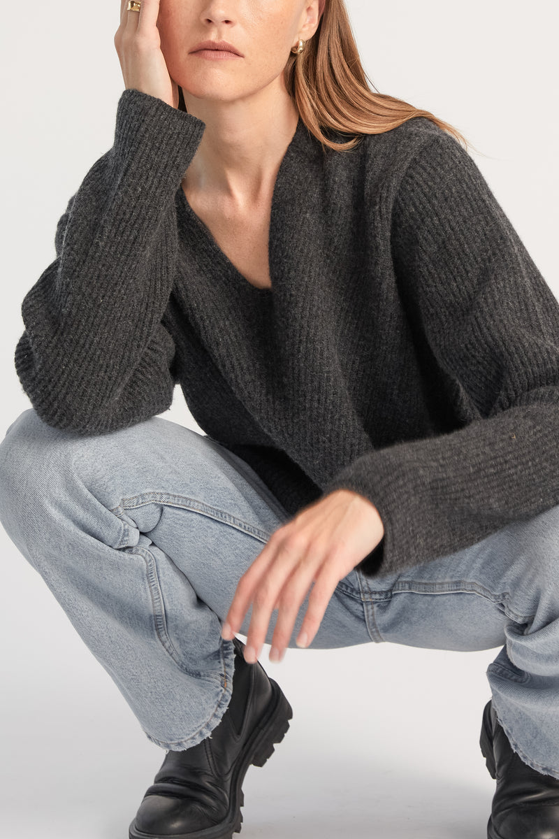 Oversized V Neck Ribbed Sweater - Almina Concept