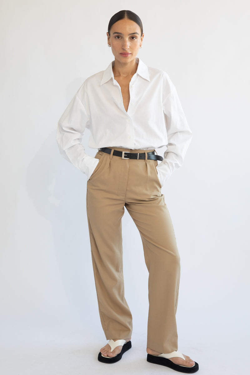 Tailored Pleated Trousers with Eiffel Belt - Taupe | Manière De Voir