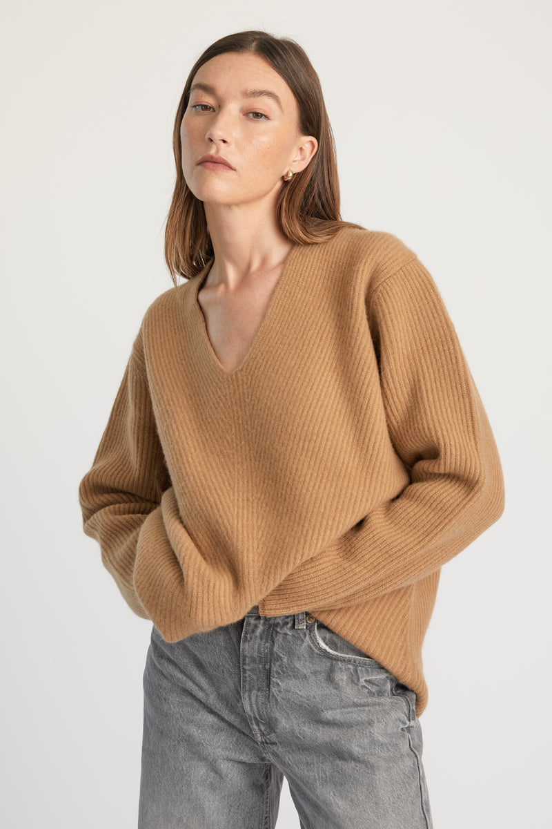 Oversized V Neck Ribbed Sweater - Almina Concept 