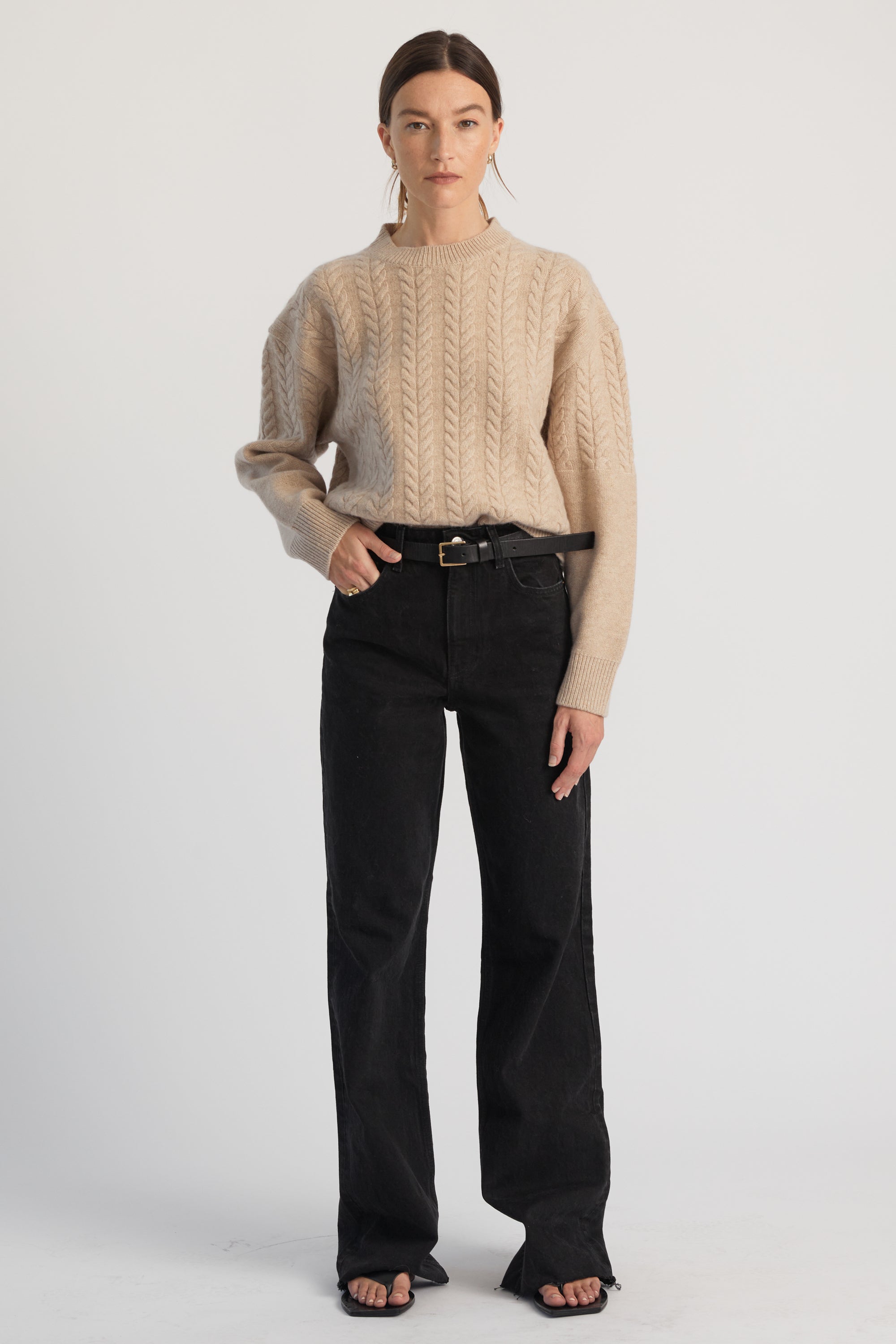 AmélieBoutik Women's Cable Knit Sweater - Geometric Pattern, Crewneck, Long Sleeve, Cotton/Nylon Blend